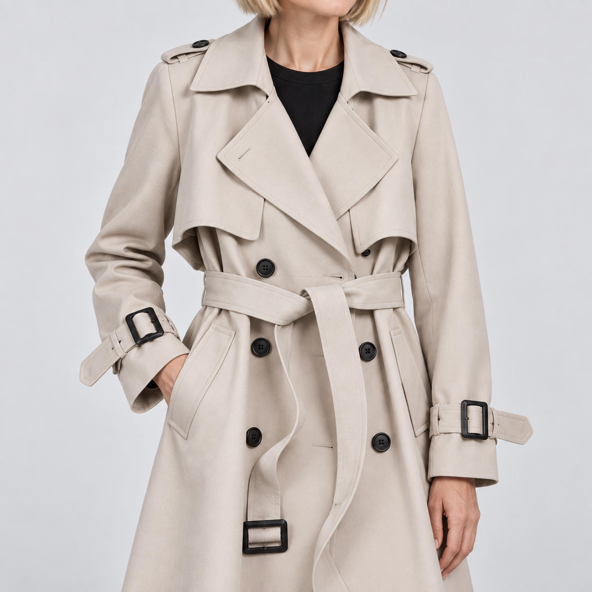 Close-up of double-breasted trench coat with belt and cuff buckles, showing texture and fastening details