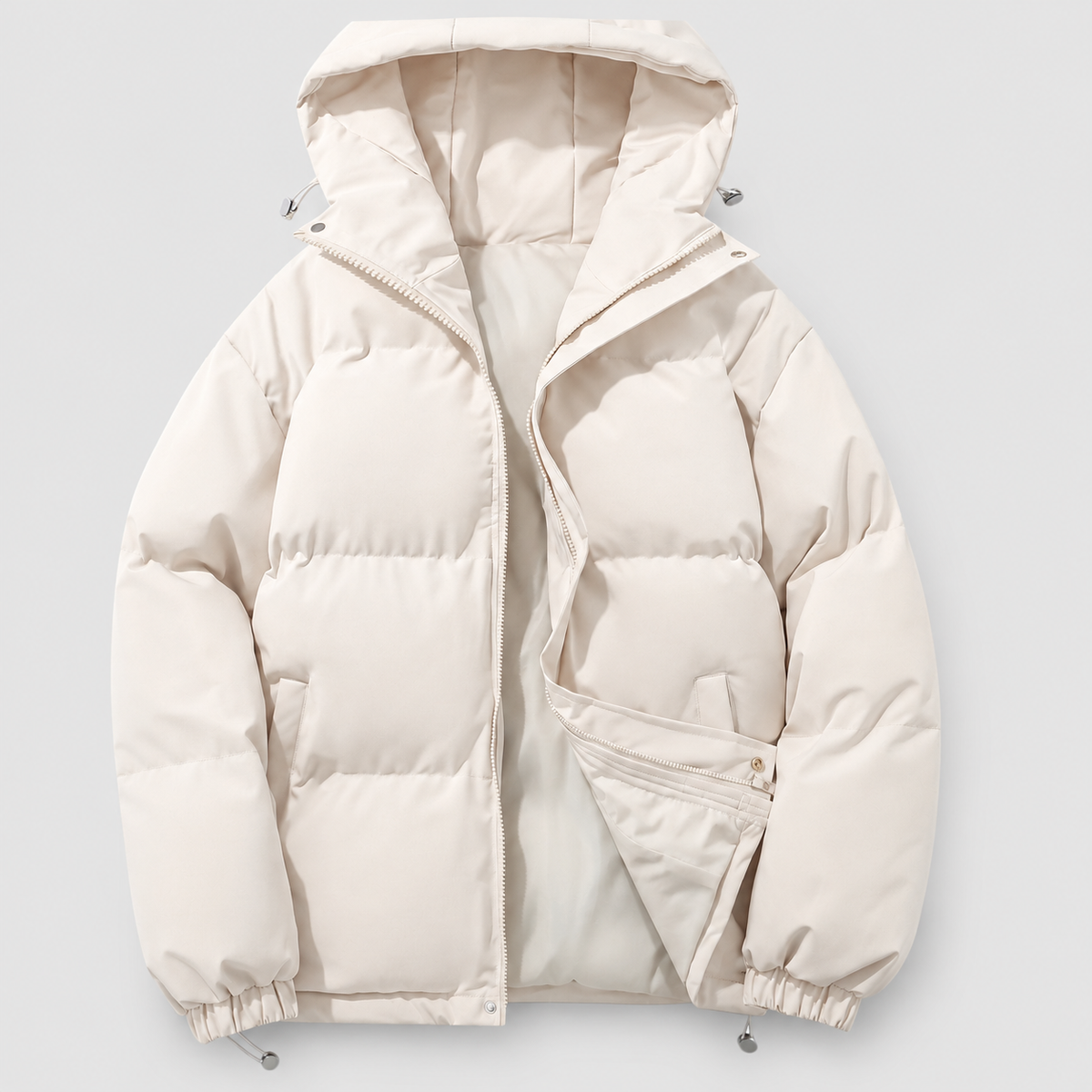 Christabel | Women’s Lightweight Hooded Zip-Front Puffer Jacket — Beige
