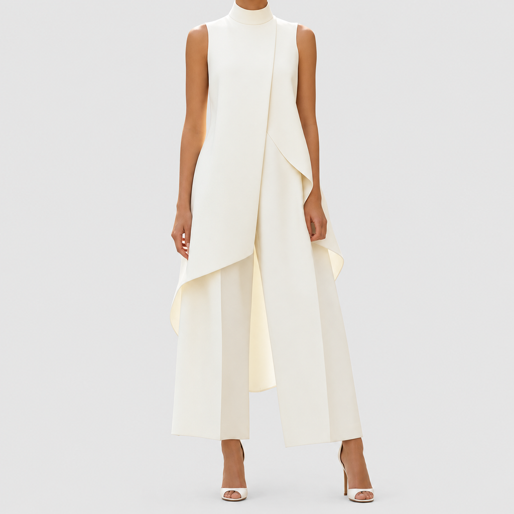 Clarimond | Women’s Asymmetric Mock-Neck Top and Wide-Leg Pants Set — White