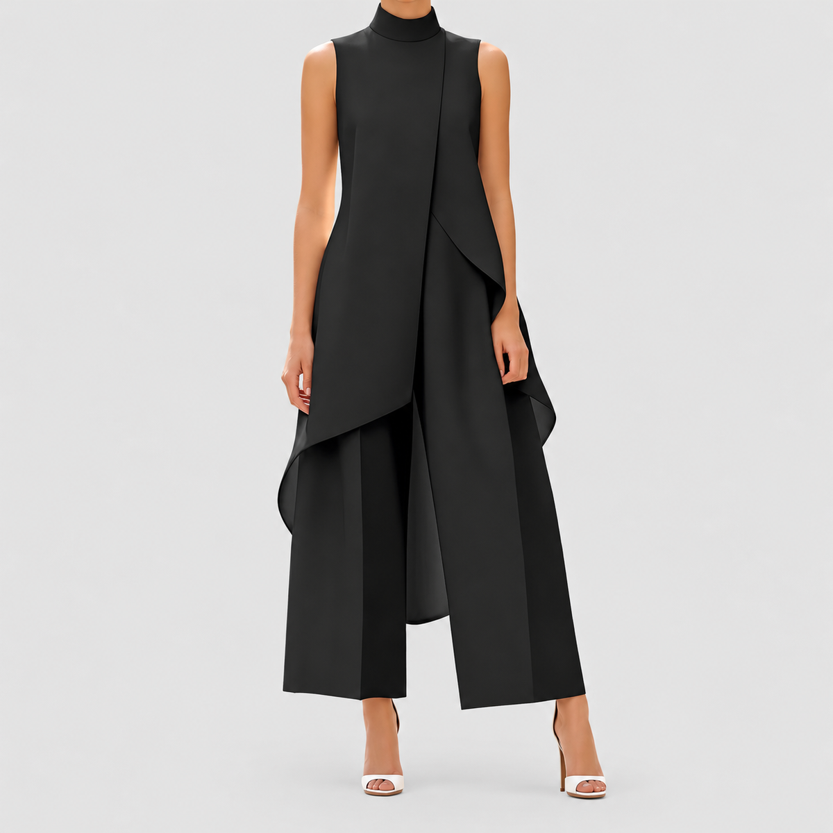 Clarimond | Women’s Asymmetric Mock-Neck Top and Wide-Leg Pants Set — Black