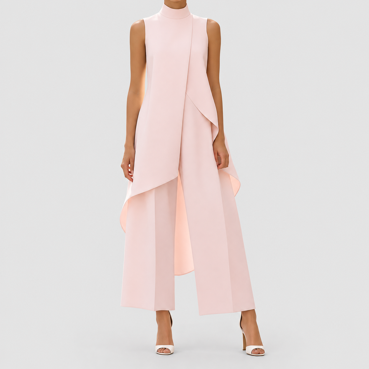 Clarimond | Women’s Asymmetric Mock-Neck Top and Wide-Leg Pants Set — Pink