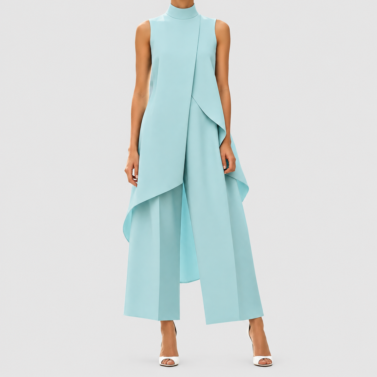 Clarimond | Women’s Asymmetric Mock-Neck Top and Wide-Leg Pants Set — Light blue