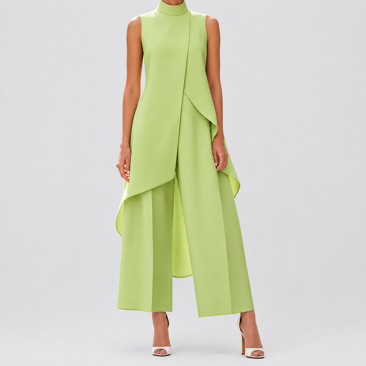Clarimond | Women’s Asymmetric Mock-Neck Top and Wide-Leg Pants Set — Light green