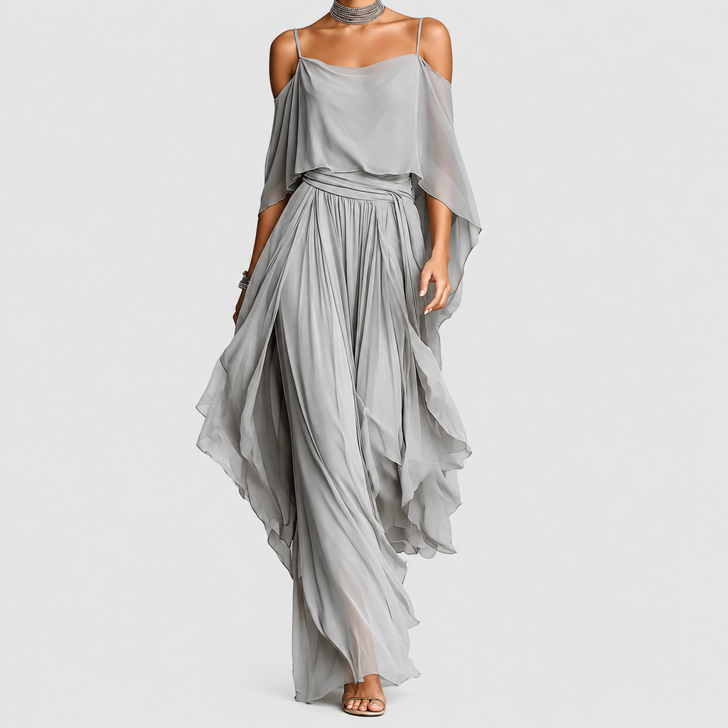 Clarissa-Claire | Women’s Draped Cold-Shoulder Top and Wide-Leg Pants Set — Grey