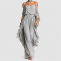 Clarissa-Claire | Women’s Draped Cold-Shoulder Top and Wide-Leg Pants Set — Grey