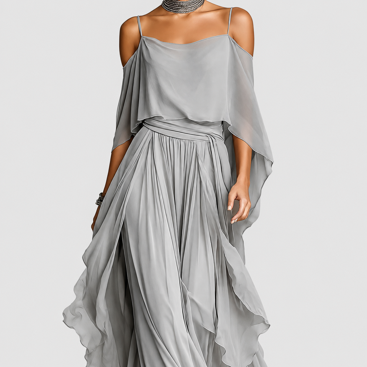 Clarissa-Claire | Women’s Draped Cold-Shoulder Top and Wide-Leg Pants Set — product detail 2