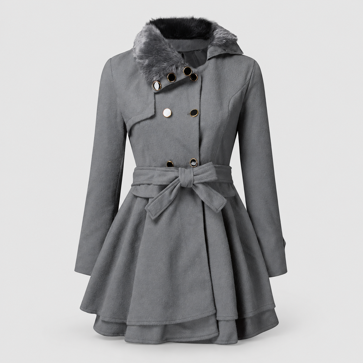 Claudette | Women’s Belted Faux-Fur-Collar Trench Coat — Grey