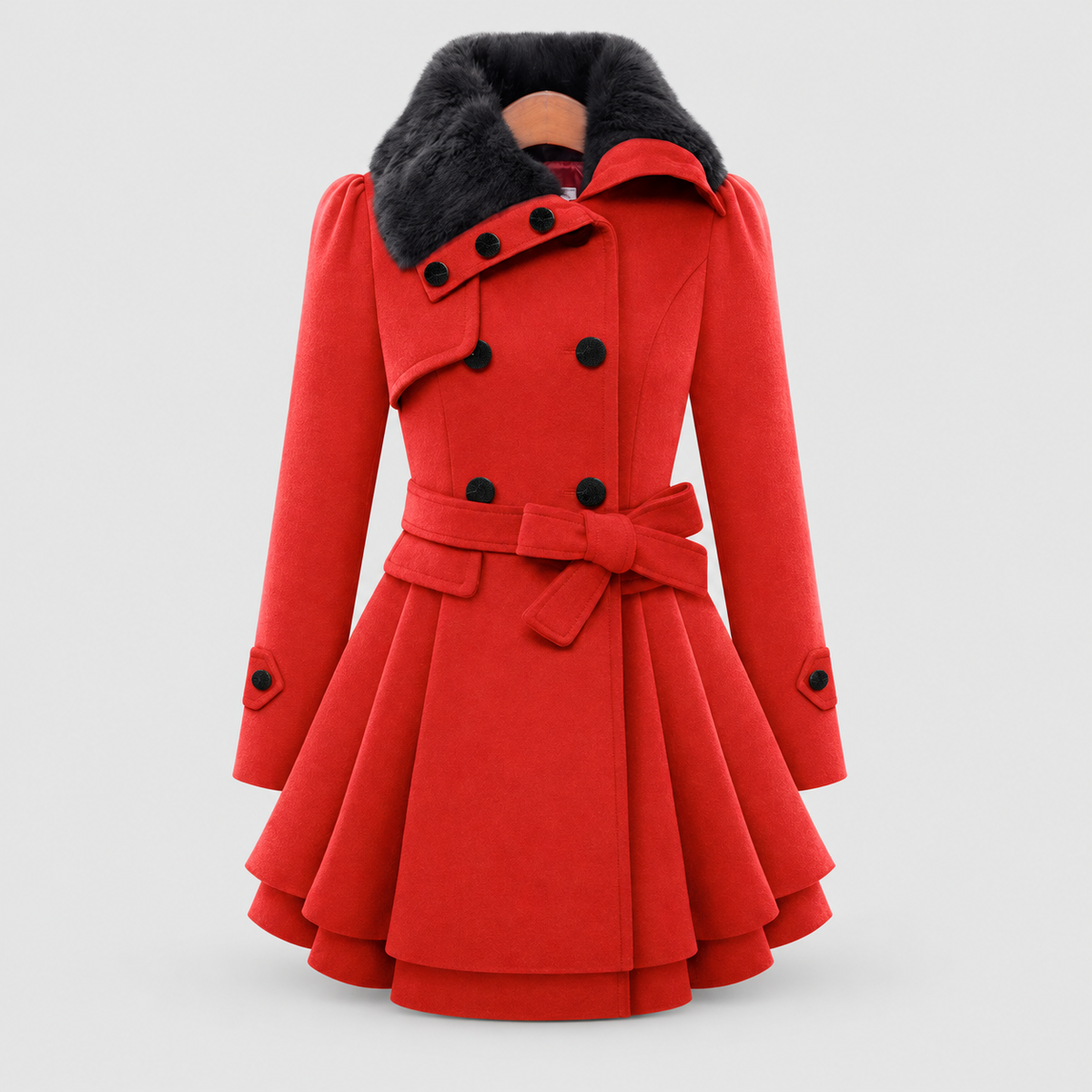 Claudette | Women’s Belted Faux-Fur-Collar Trench Coat — Red
