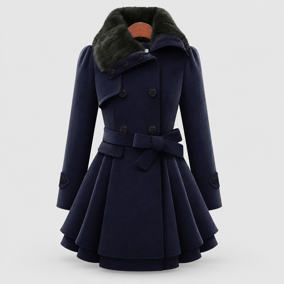 Claudette | Women’s Belted Faux-Fur-Collar Trench Coat — Dark Blue