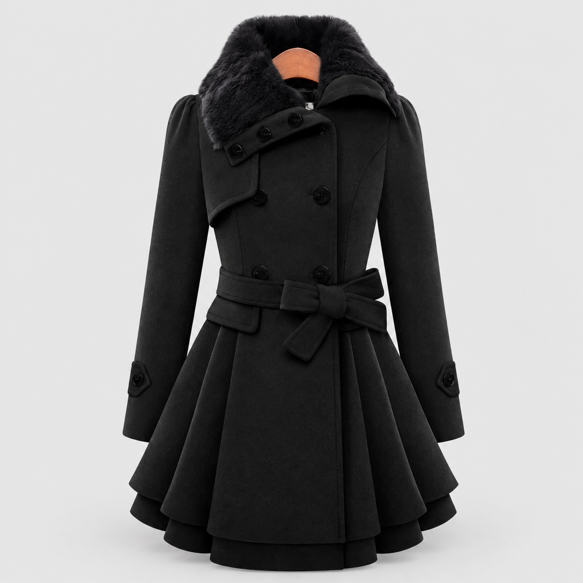 Claudette | Women’s Belted Faux-Fur-Collar Trench Coat — Black