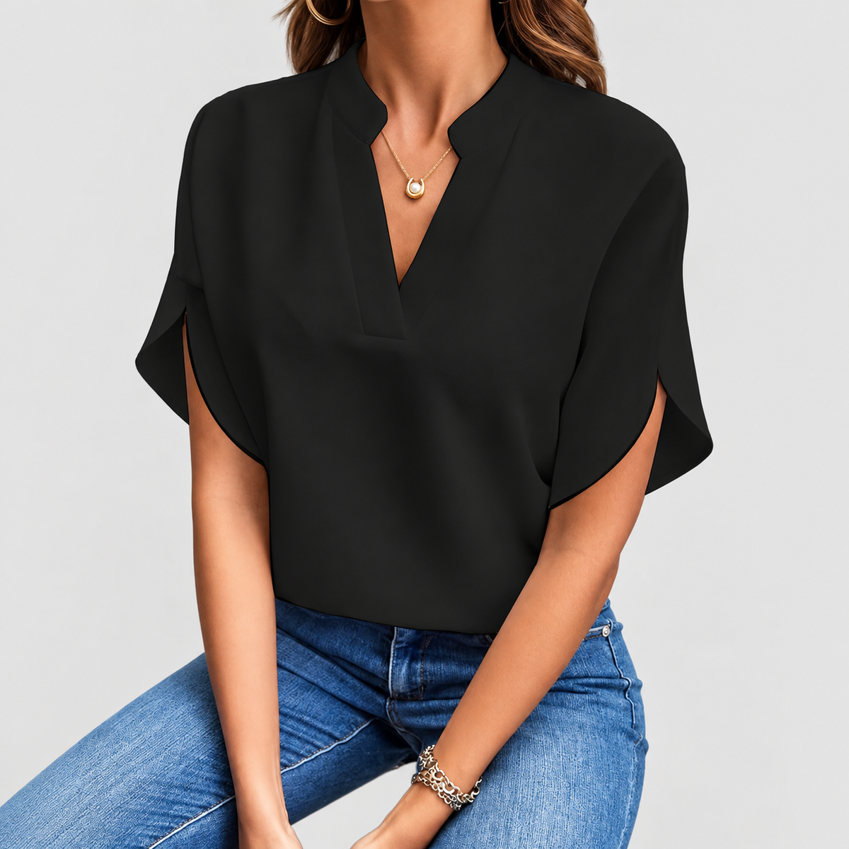 Claudina | Women’s Notched-Neck Split-Sleeve Blouse — product detail 1