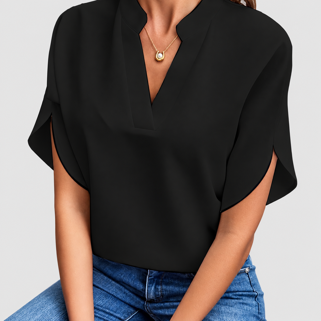 Claudina | Women’s Notched-Neck Split-Sleeve Blouse — Black
