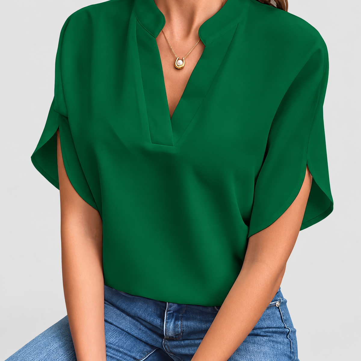 Claudina | Women’s Notched-Neck Split-Sleeve Blouse — Green