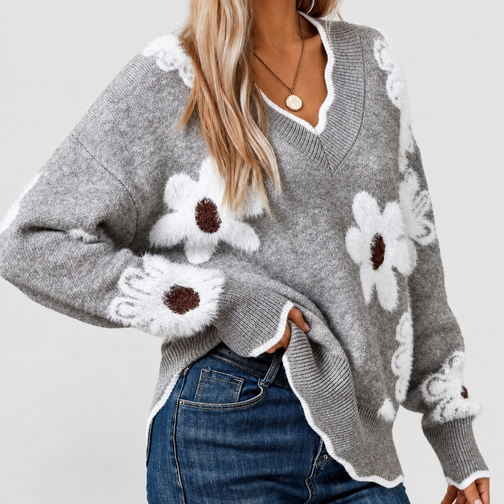 Clemency | Women’s Floral-Appliqué V-Neck Sweater with Balloon Sleeves — Grey
