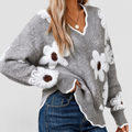 Clemency | Women’s Floral-Appliqué V-Neck Sweater with Balloon Sleeves — Grey