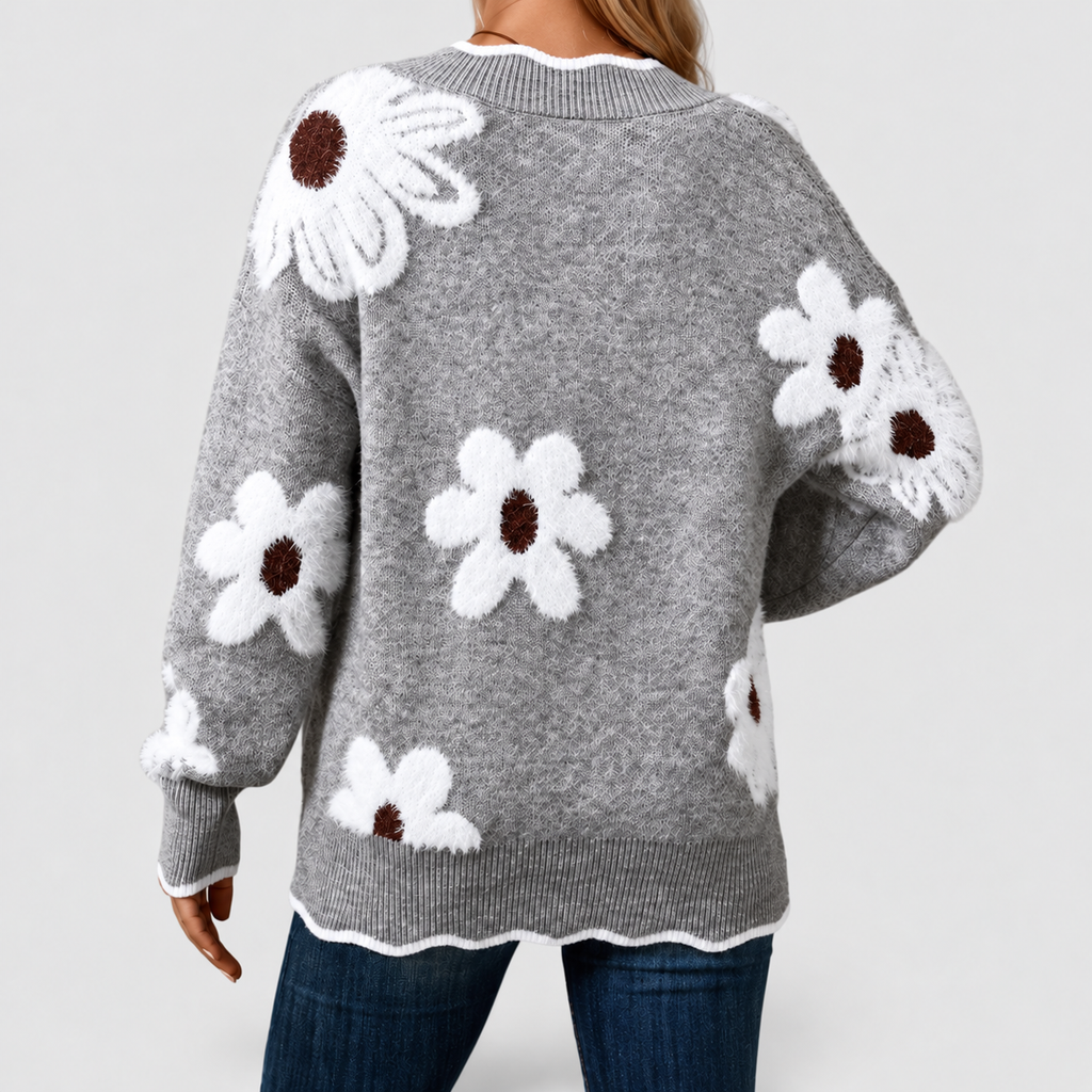 Clemency | Women’s Floral-Appliqué V-Neck Sweater with Balloon Sleeves — product detail 2