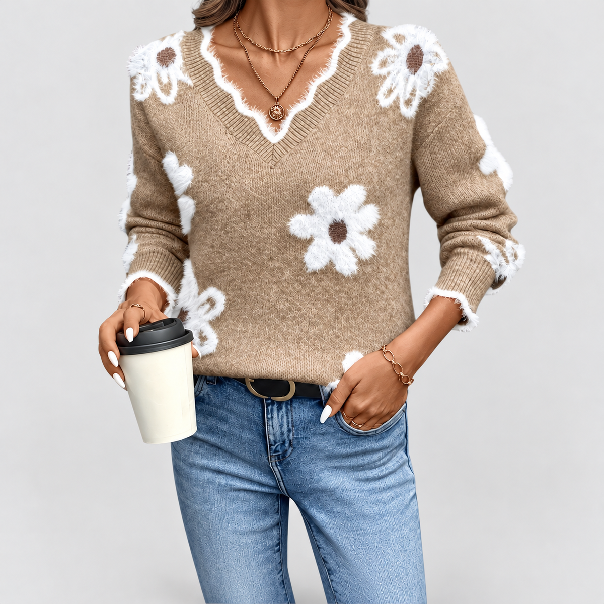 Clemency | Women’s Floral-Appliqué V-Neck Sweater with Balloon Sleeves — Khaki