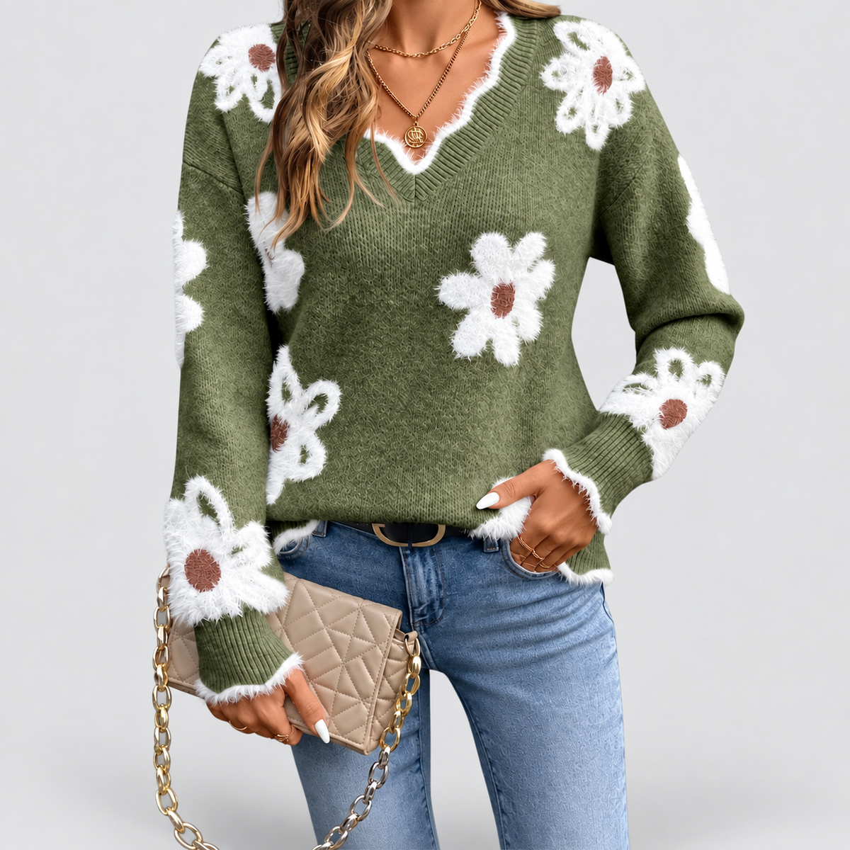 Clemency | Women’s Floral-Appliqué V-Neck Sweater with Balloon Sleeves — Green