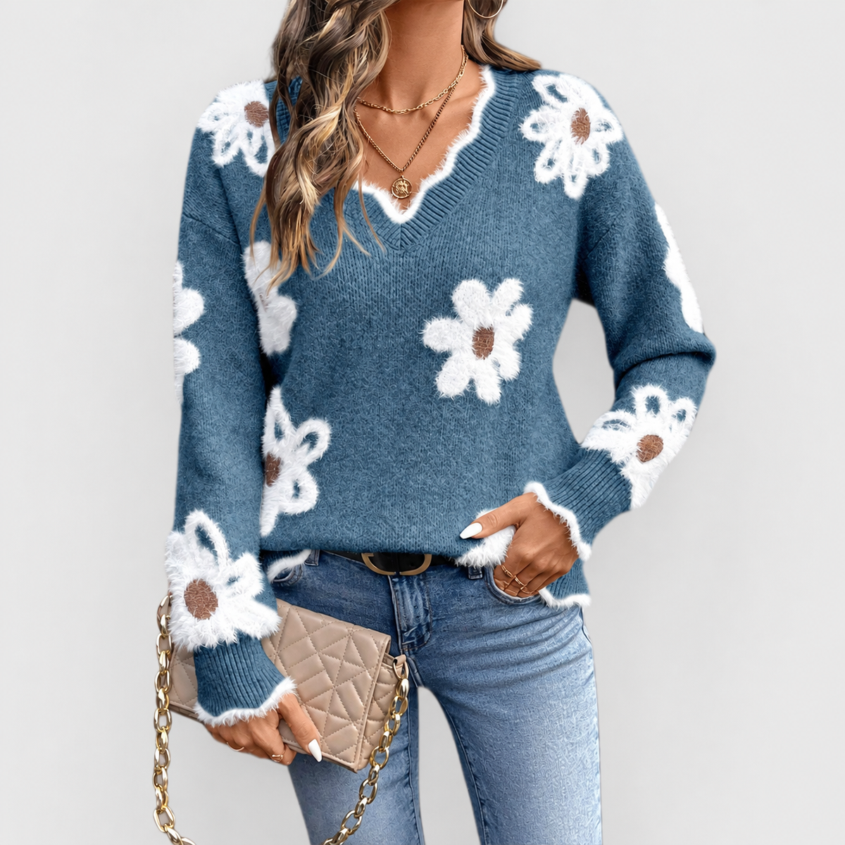 Clemency | Women’s Floral-Appliqué V-Neck Sweater with Balloon Sleeves — Ocean Blue