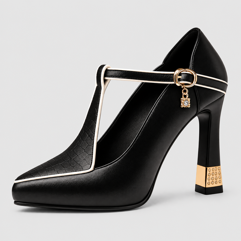 Clementina-Claire | Women’s Pointed-Toe T-Strap Heels — Black