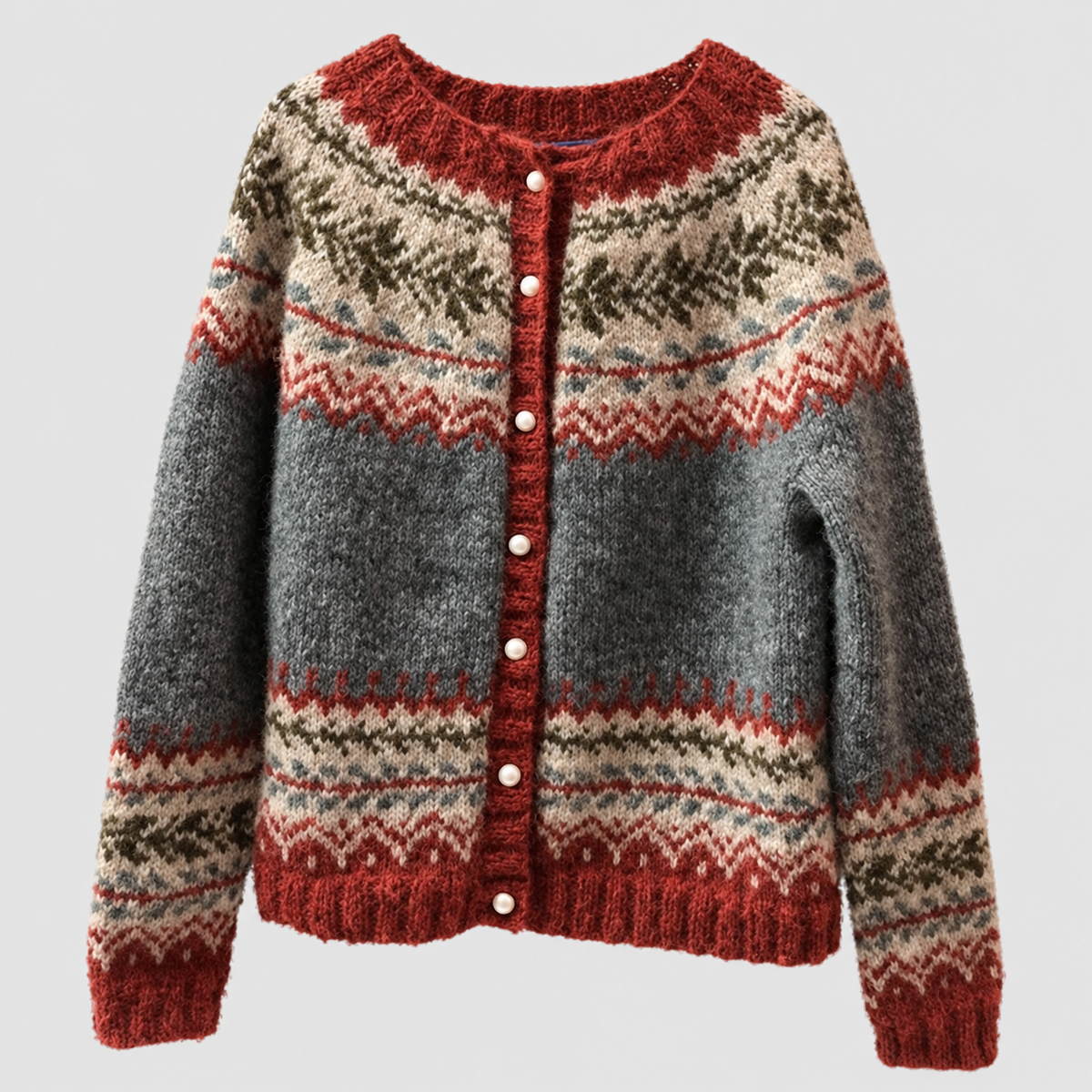 Clementina | Women’s Nordic-Pattern Button-Up Cardigan — Red and Grey