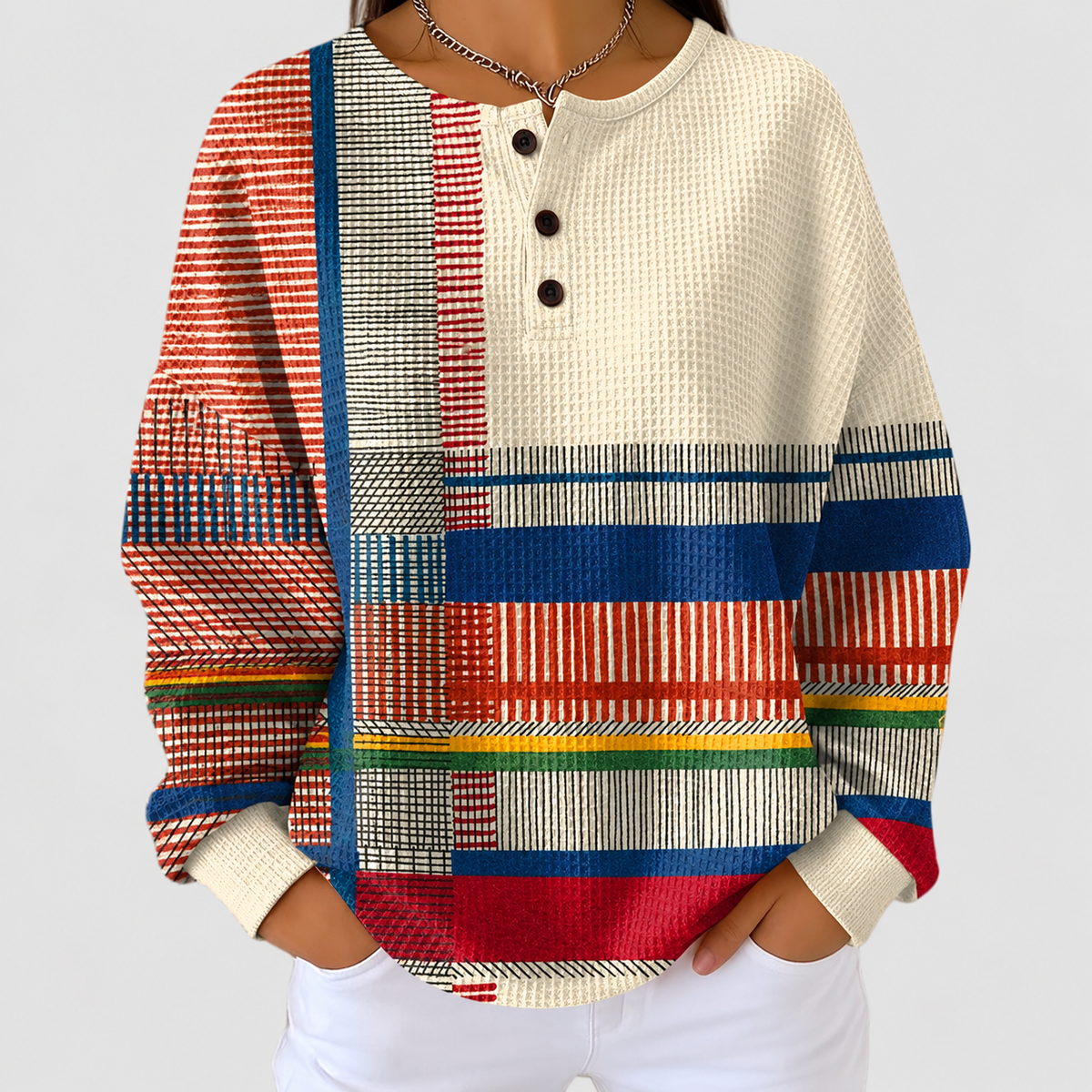 Cora | Women’s Colourblock Waffle-Knit Henley Sweater — product detail 1