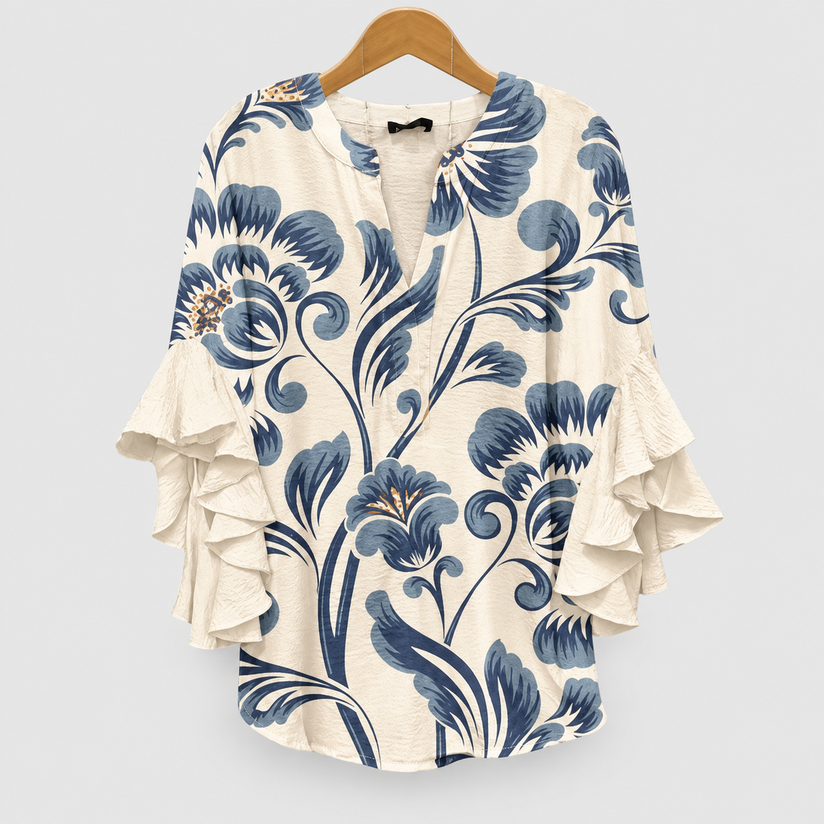 Coralie | Women’s Ruffle-Sleeve Statement Blouse — White Blue