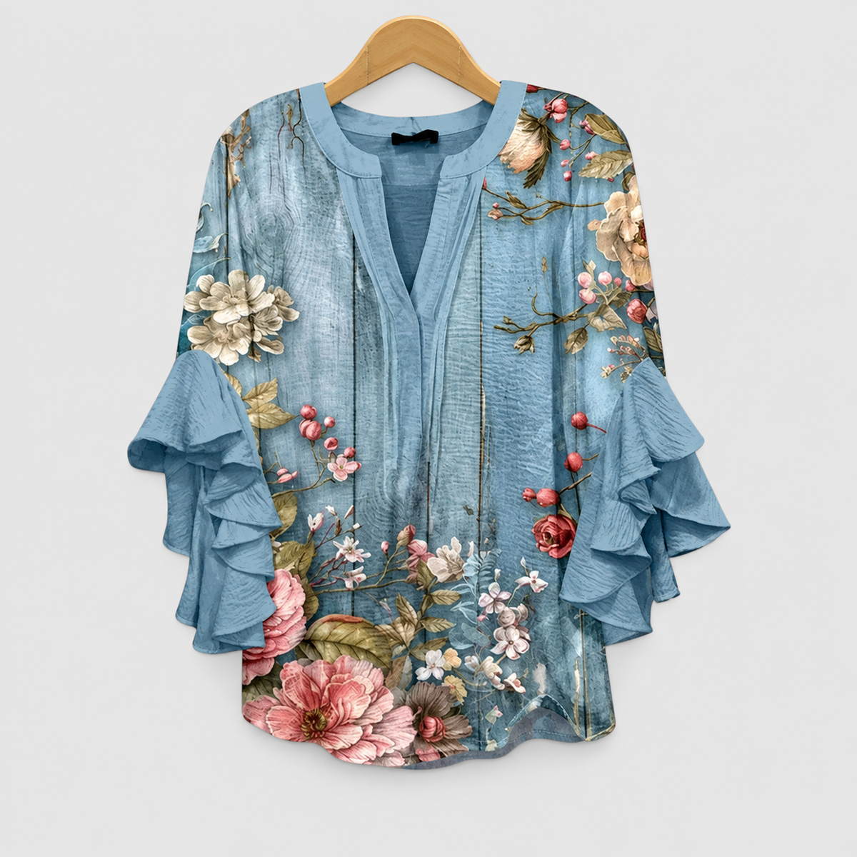 Coralie | Women’s Ruffle-Sleeve Statement Blouse — Floral Blue