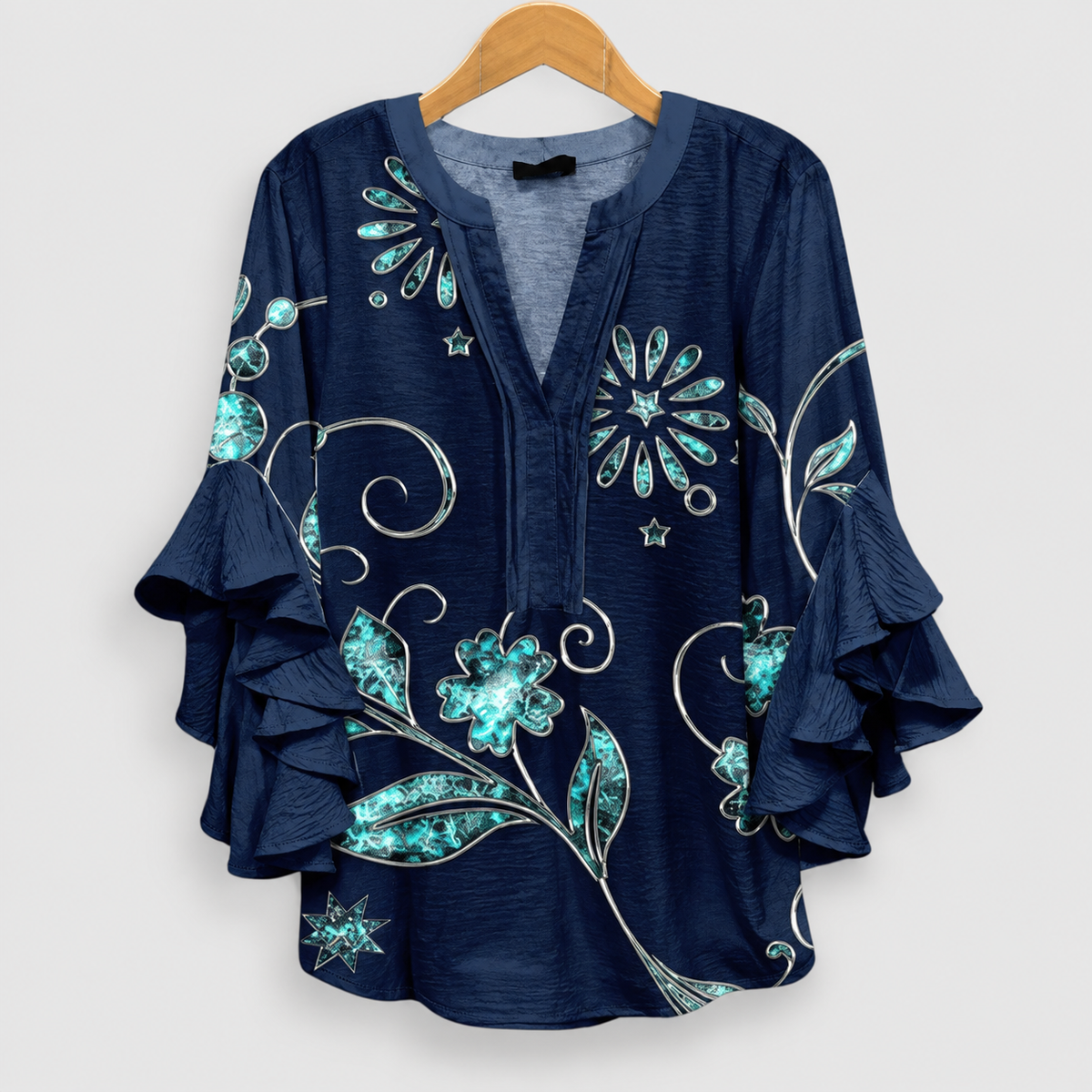 Coralie | Women’s Ruffle-Sleeve Statement Blouse — Dark Blue