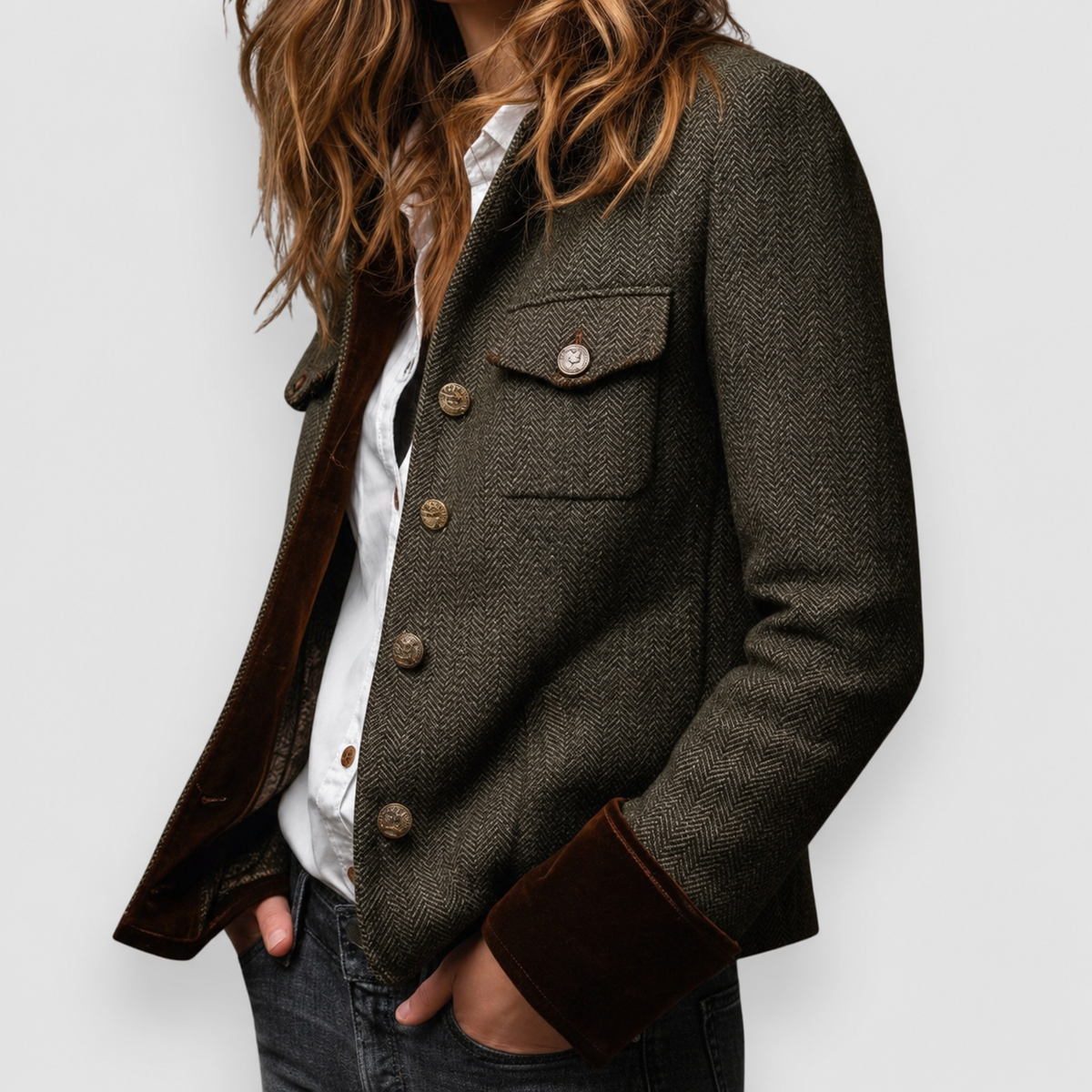 Cordelia | Women’s Tweed Jacket with Velvet Details — product detail 3