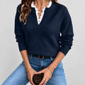Cressida-Rose | Women’s Lace-Trim V-Neck Knit Sweater — Blue