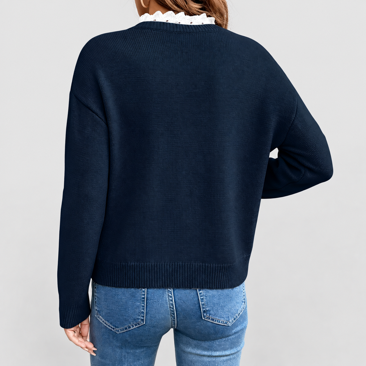 Cressida-Rose | Women’s Lace-Trim V-Neck Knit Sweater — product detail 3