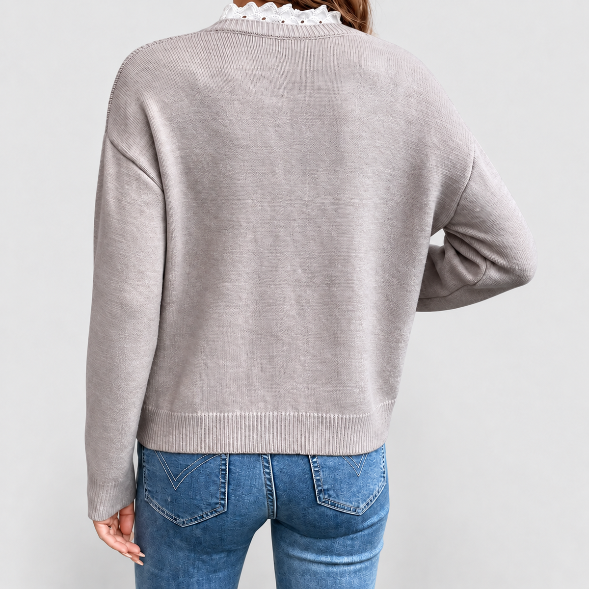 Cressida-Rose | Women’s Lace-Trim V-Neck Knit Sweater — product detail 5