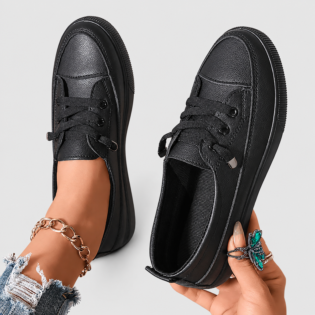 Delia | Women’s Lace-Up Low-Top Sneakers — Black