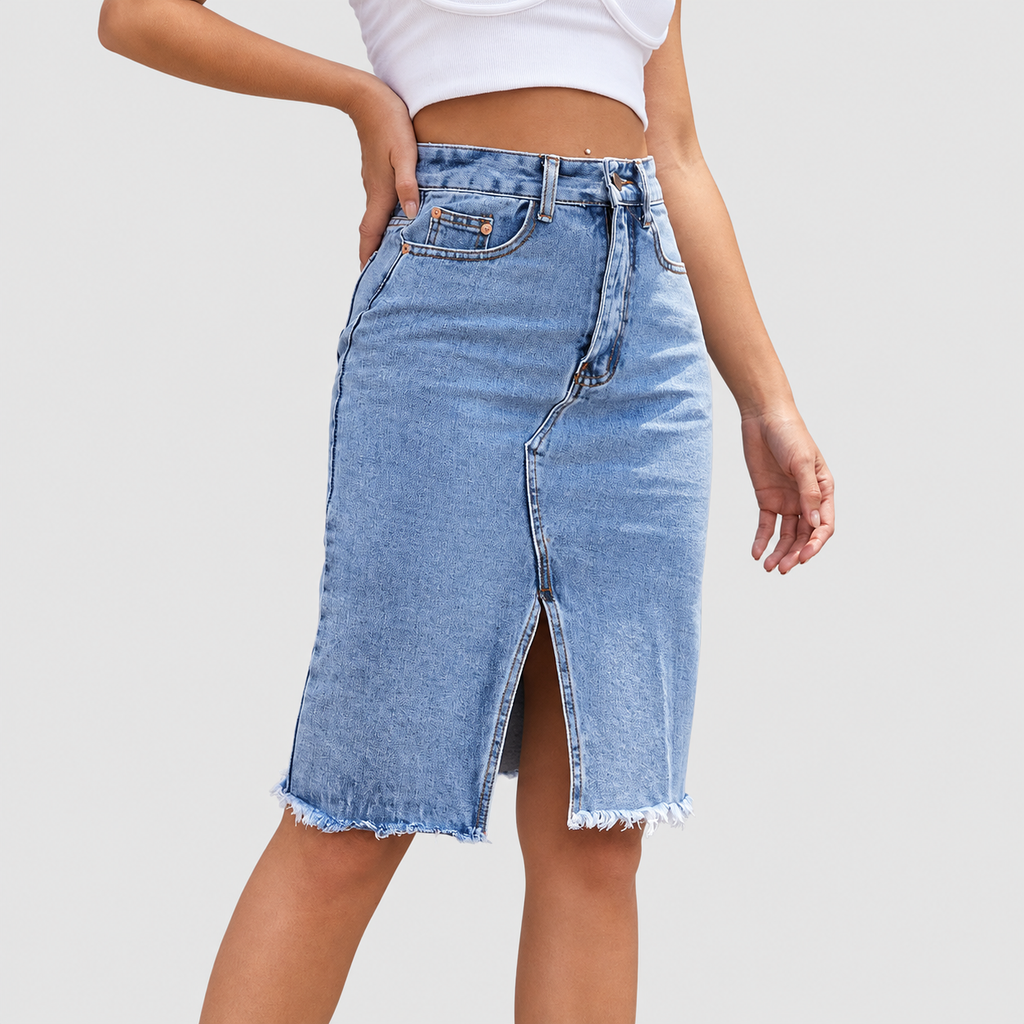 Delphina-Anne | Women’s Front-Slit Denim Midi Skirt — product detail 1