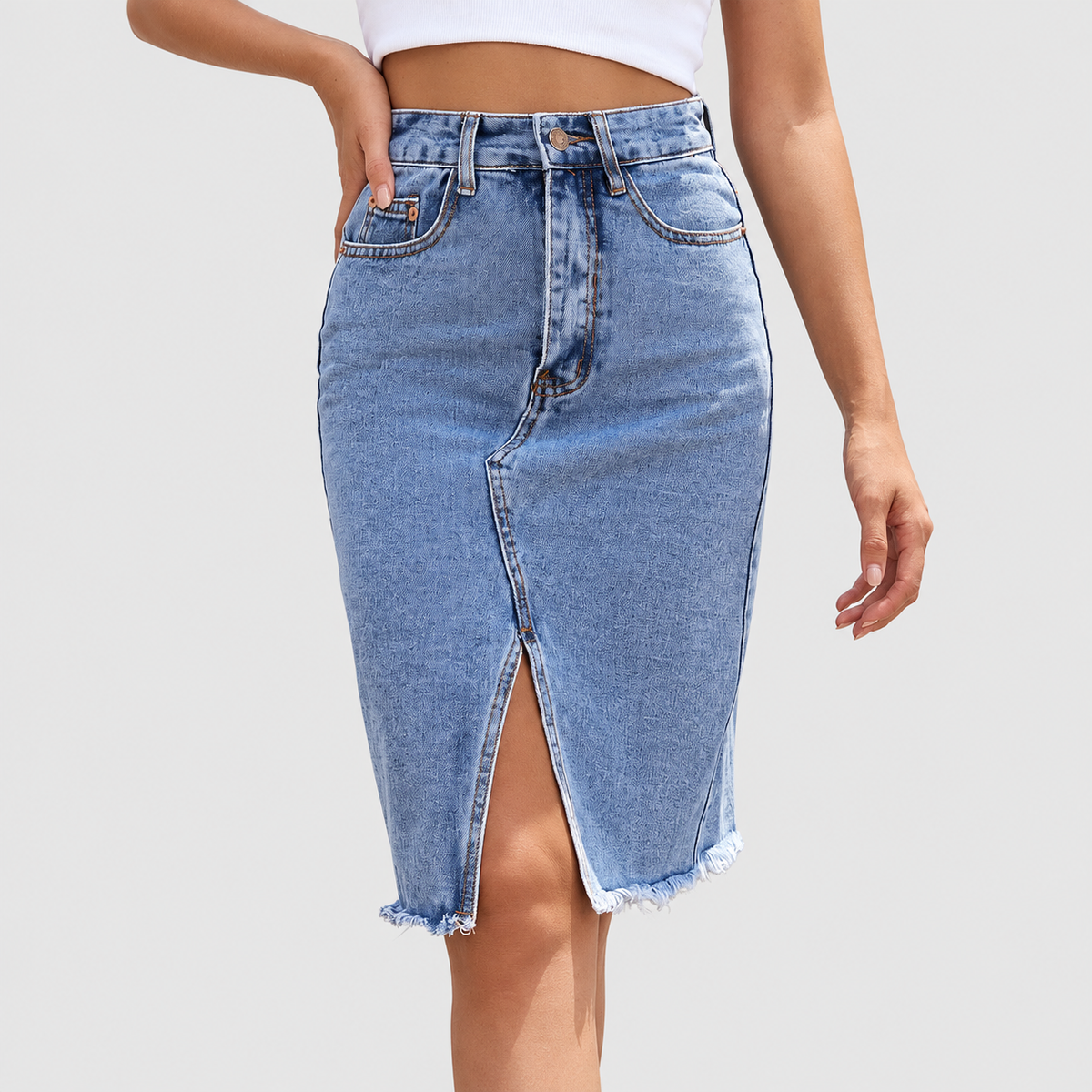 Delphina-Anne | Women’s Front-Slit Denim Midi Skirt — product detail 2