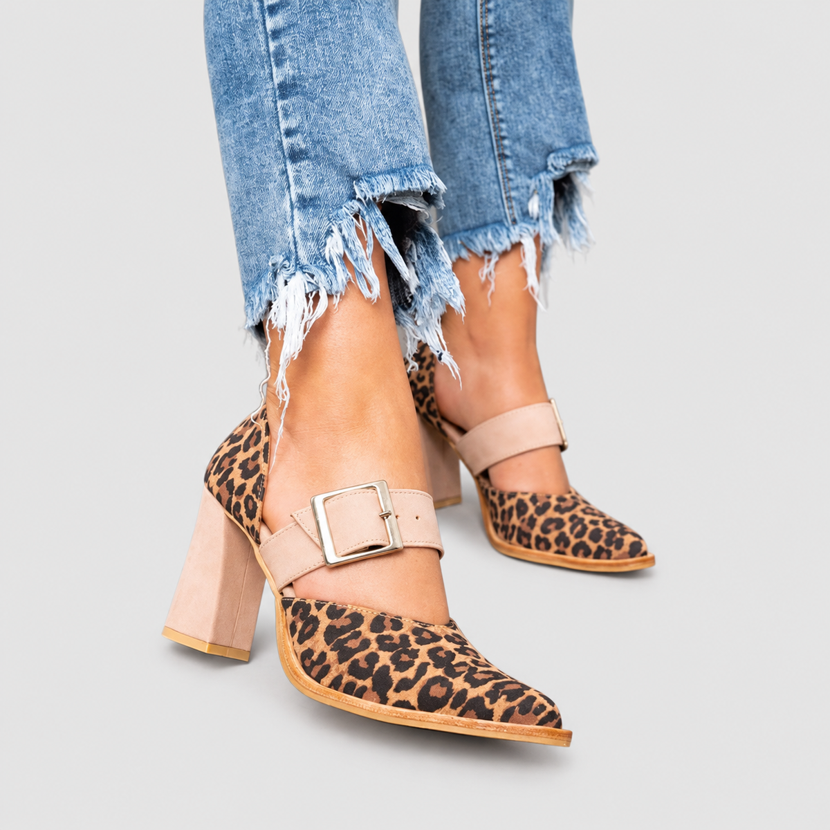 Delphina-Claire | Women’s Leopard-Print Buckle-Strap Block Heels — product detail 1