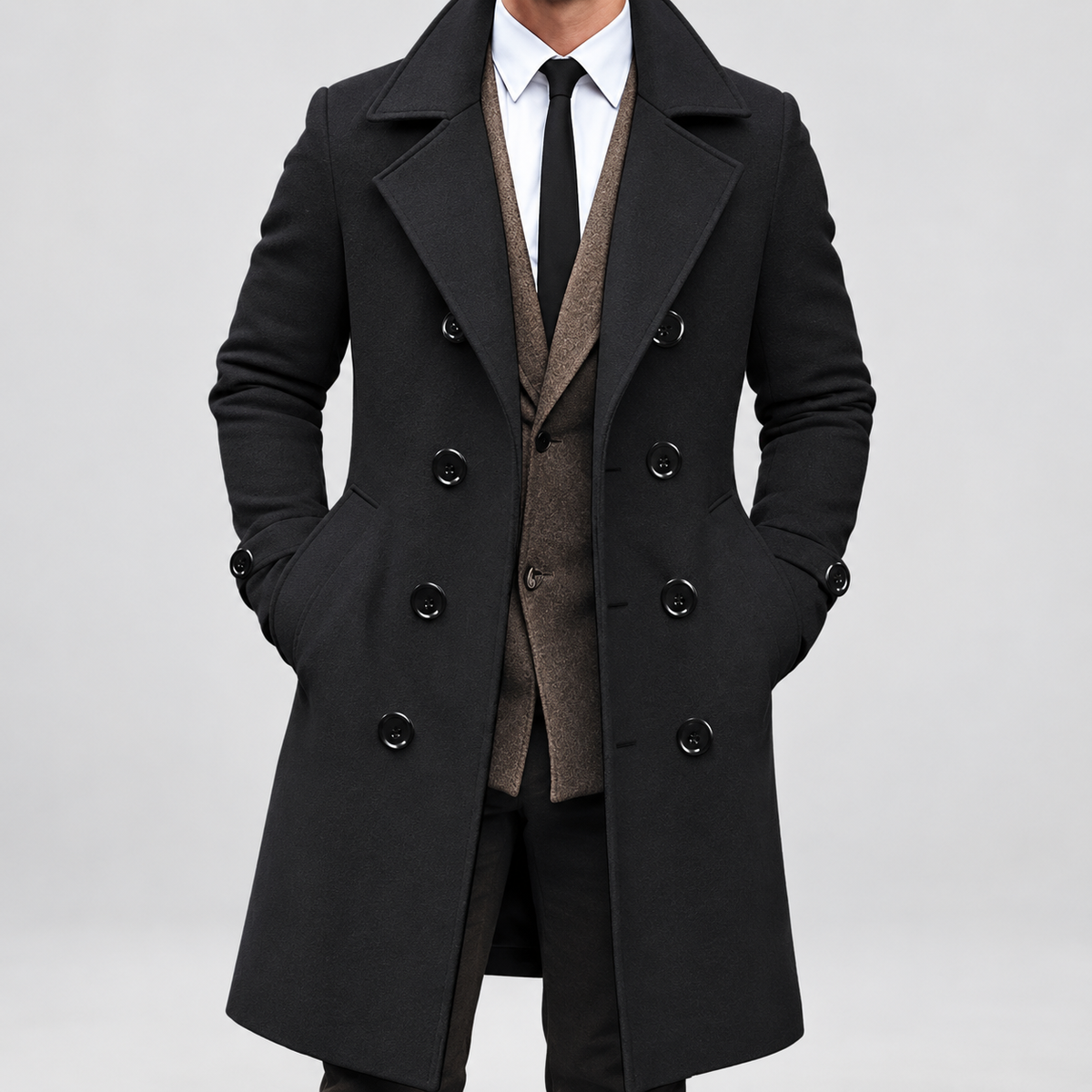 Dominic | Men’s Long Double-Breasted Trench Coat — Black