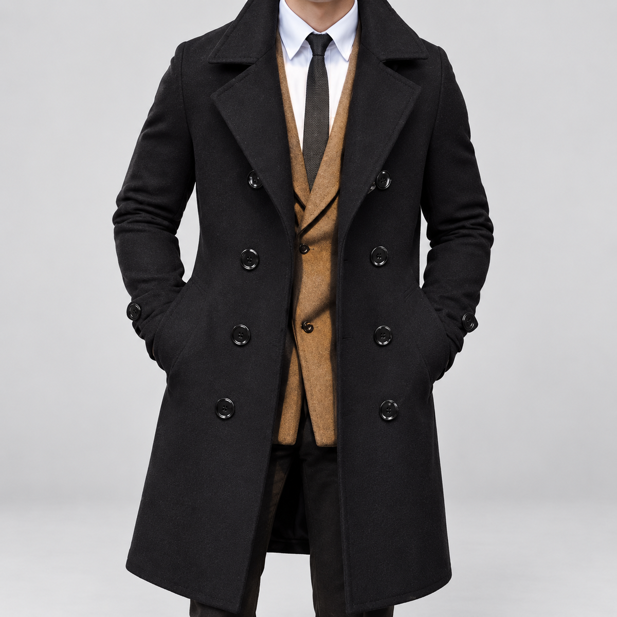 Dominic | Men’s Long Double-Breasted Trench Coat — product detail 2