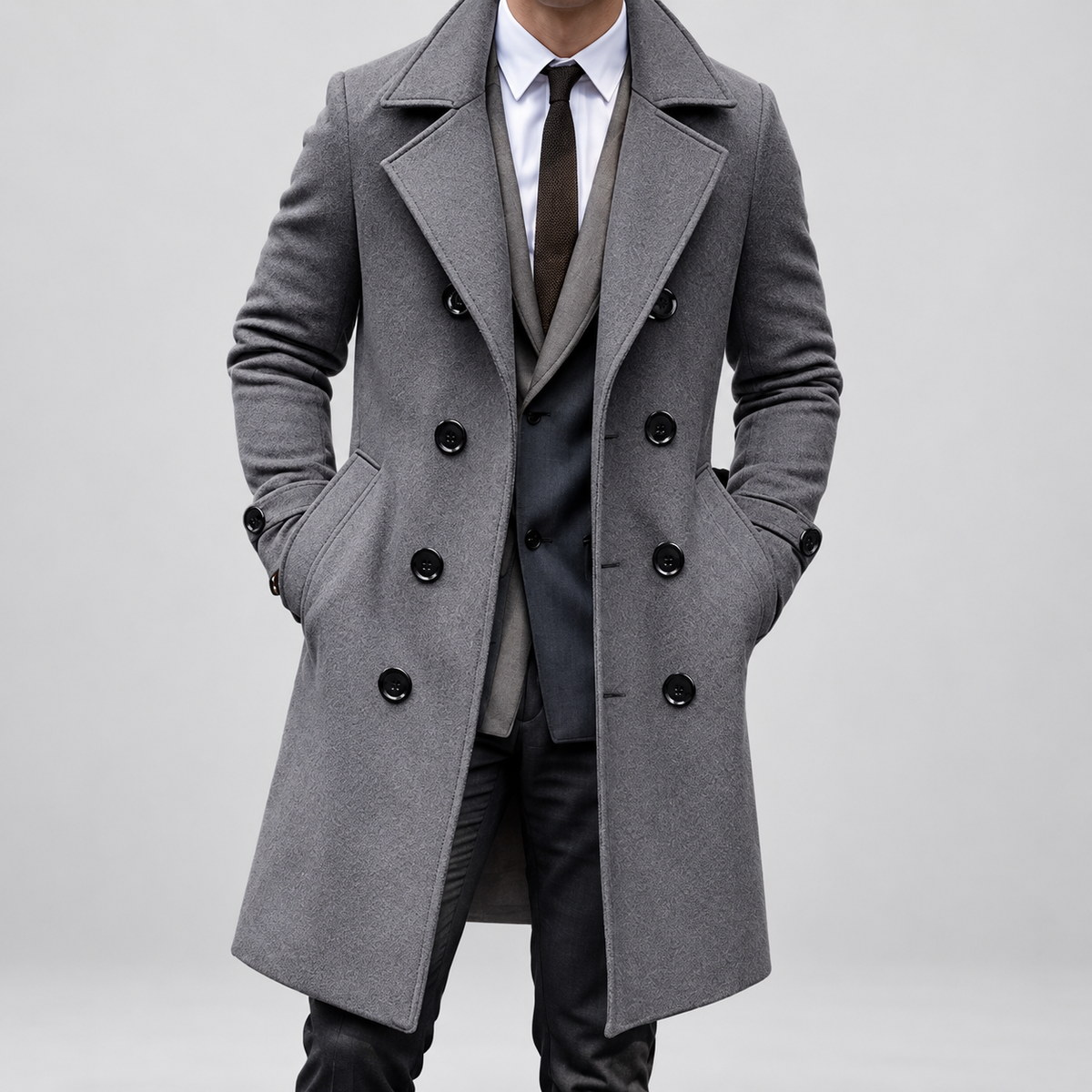 Dominic | Men’s Long Double-Breasted Trench Coat — Grey