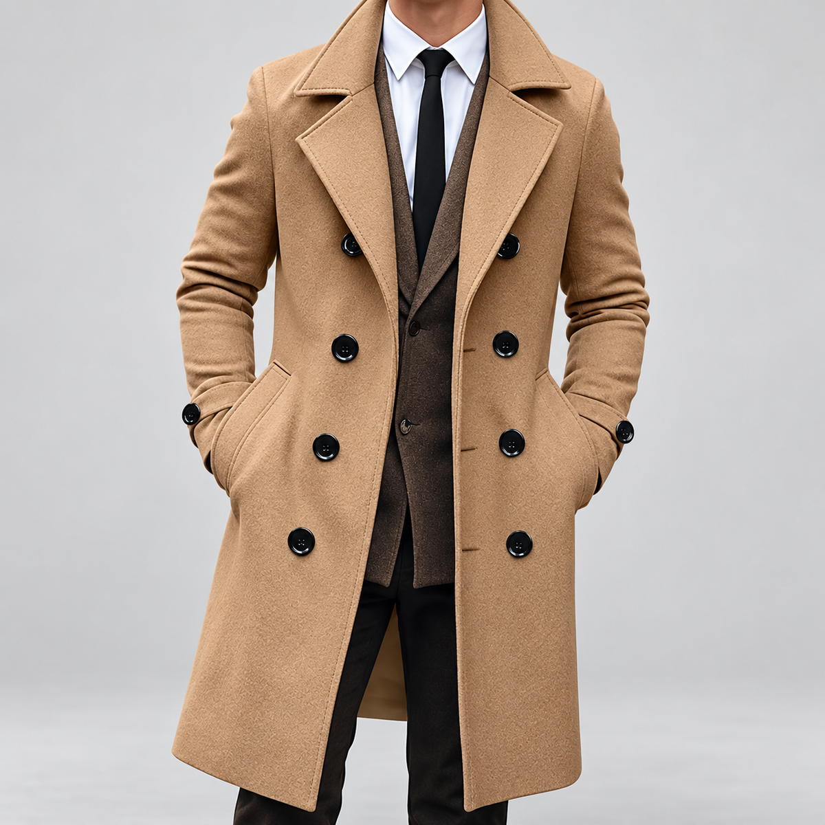 Dominic | Men’s Long Double-Breasted Trench Coat — Khaki
