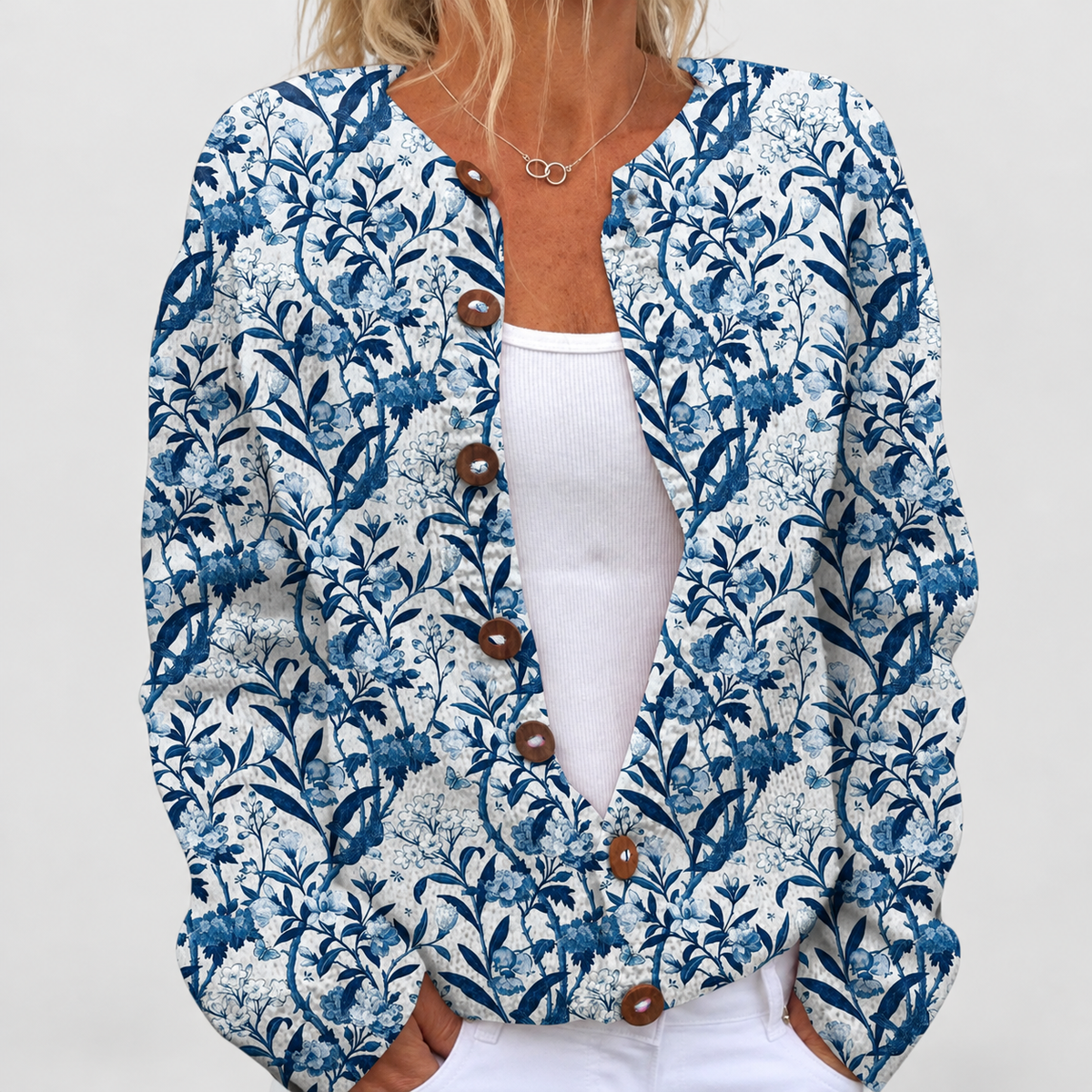 Dulcinea | Women’s Blue-and-White Floral Buttoned Cardigan — Blue/White