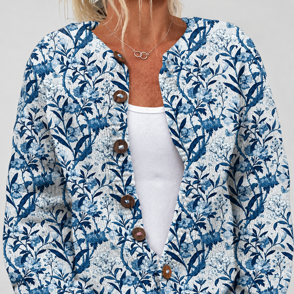 Dulcinea | Women’s Blue-and-White Floral Buttoned Cardigan — product detail 2