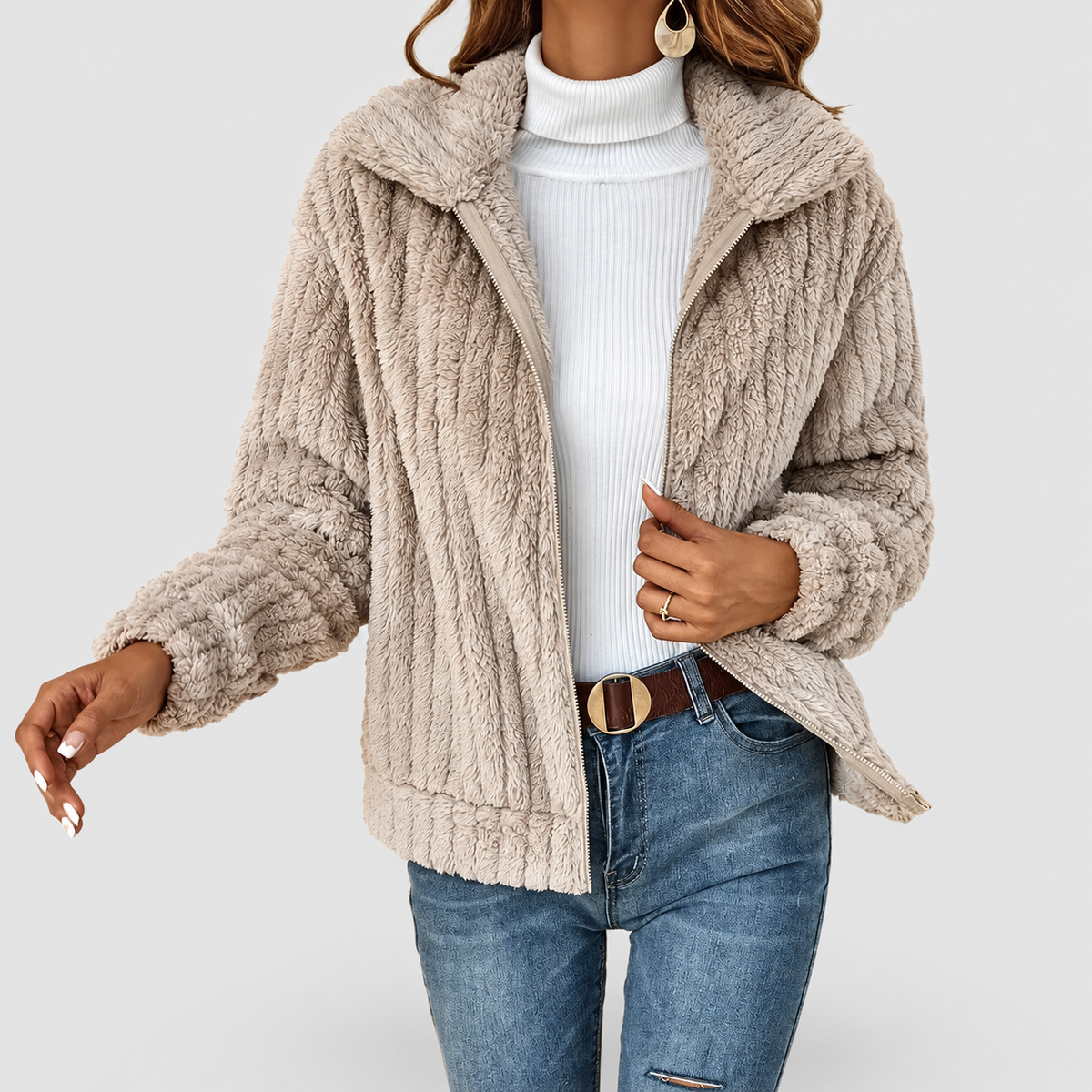 Eira | Women’s Fuzzy Zip-Up Collared Jacket — Apricot