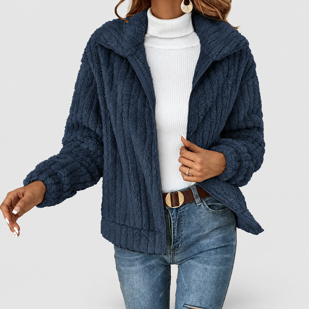 Eira | Women’s Fuzzy Zip-Up Collared Jacket — Navy Blue