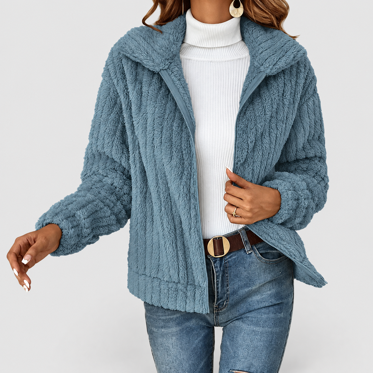 Eira | Women’s Fuzzy Zip-Up Collared Jacket — Blue