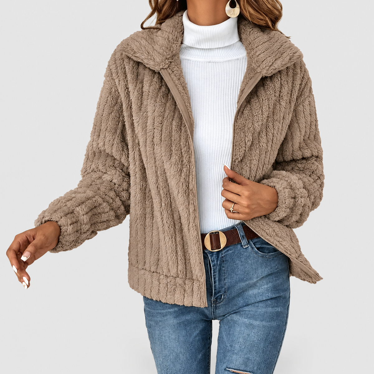 Eira | Women’s Fuzzy Zip-Up Collared Jacket — Khaki