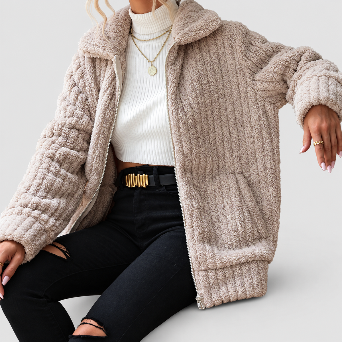 Eira | Women’s Fuzzy Zip-Up Collared Jacket — product detail 8