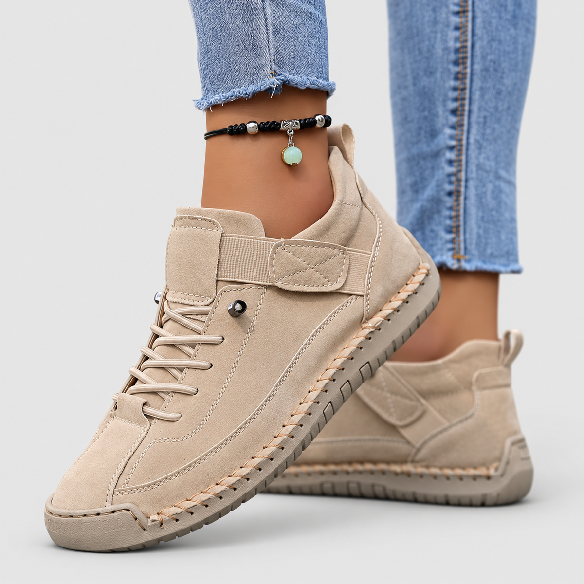 Elena | Women’s Casual Lace-Up Shoes with Stitched Sole — Beige