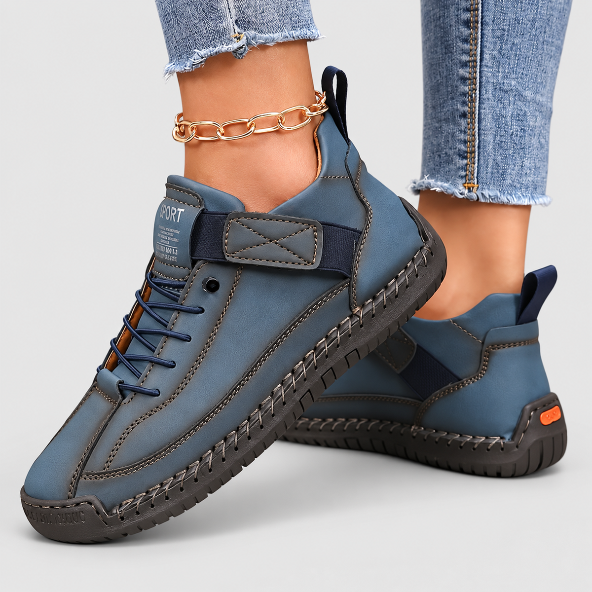Elena | Women’s Casual Lace-Up Shoes with Stitched Sole — Navy Blue